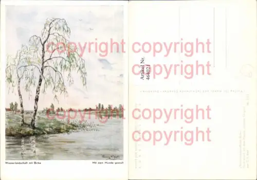 464021,Künstler Ak C. F. Riet Mundgemalt Wasserlandschaft m. Birke Baum Bäume