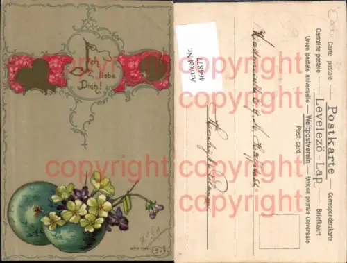 464877,Präge Litho Blumen Schale Gelbe u. Violette Blüten Liebe