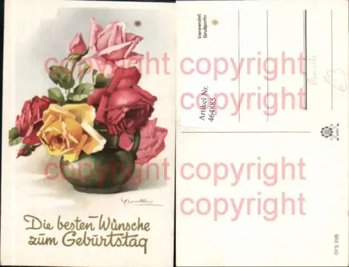 464885,Künstler Ak Bonelli Blumen Gelbe Rosa Rote Rosen Krug Vase Geburtstag