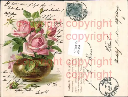 464886,Litho Blumen Rosa Rosen Vase