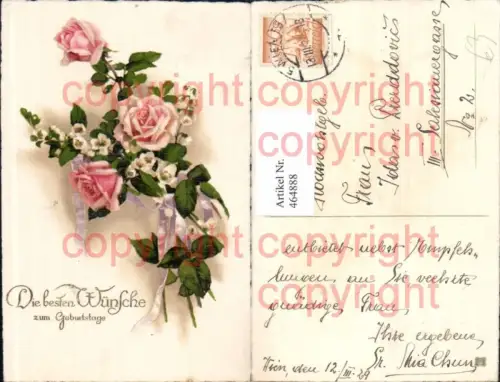 464888,Blumen Strauß Rosa Rosen Weißer Blütenzweig Schleife Geburtstag