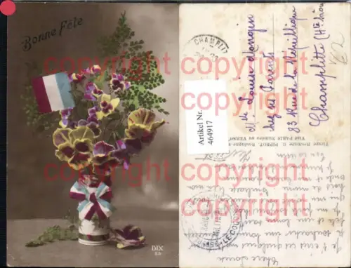 464917,Blumen Vase Stiefmütterchen Schleife Fahne Frankreich Patriotik pub DIX 58