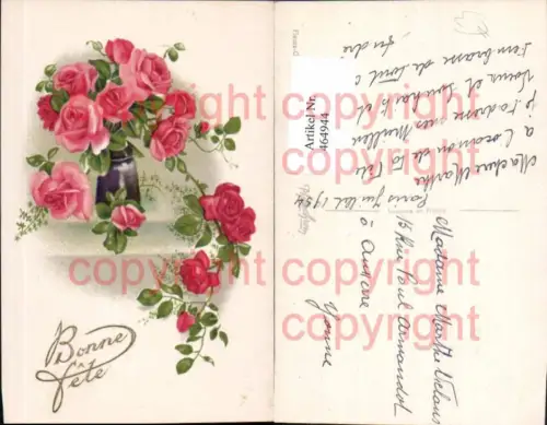 464944,Blumen Vase m. Rosa Rosen Bonne Fete Prägeschrift