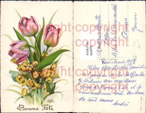 464974,Künstler Ak J. B. Rosa Tulpen Gelbe Primeln Blumen Bonne Fete