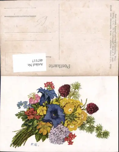 487117,Künstler Ak Ferd. Emmering Bunter Strauß Glockenblumen Primeln Blumen