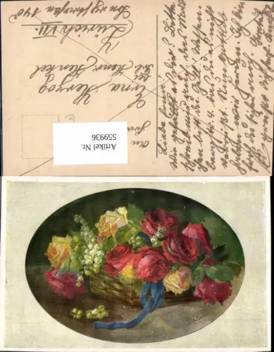 559936,Künstler Ak Korb m. Gelben u. Roten Rosen Schleife Blumen Passepartout