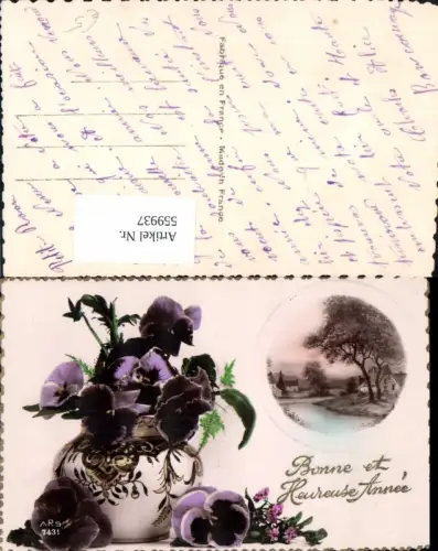 559937,Vase m. Stiefmütterchen Blumen Passepartout Dorf Landschaft Bonne et Heureuse Annee