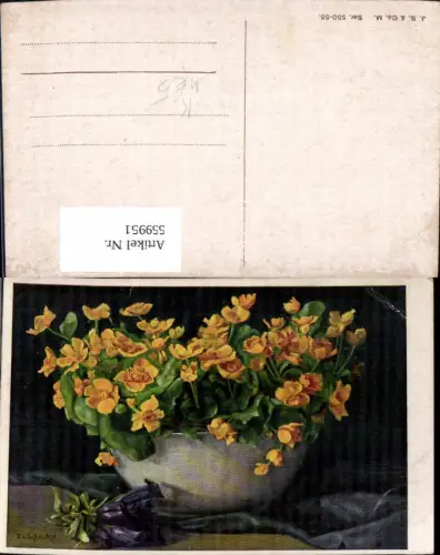 559951,Künstler Ak e. v. Schacky Blumen Schale m. Sumpfdotterblume Enzian