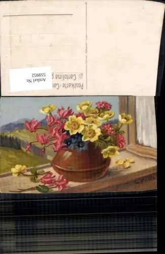 559952,Künstler Ak W. FrühVase m. Enzian Alpenveilchen Hahnenfuss Blumen