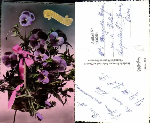 560264,Korb Stiefmütterchen Schleife Blumen Anniversaire