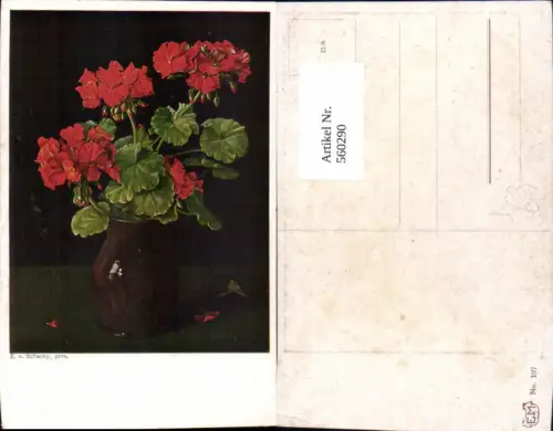 560290,Künstler Ak E. V. Schacky Rote Geranien Krug Vase Blumen