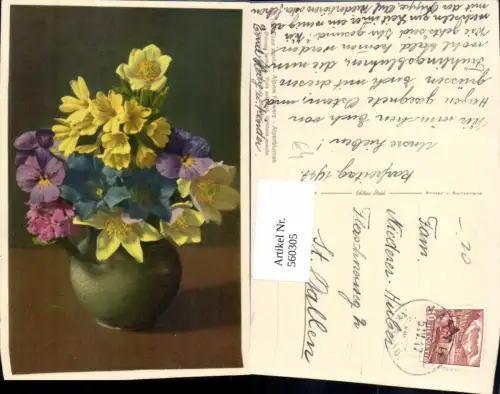 560305,Künstler Ak Alpenblumen Enzian Schneerose Primeln Blumen Vase
