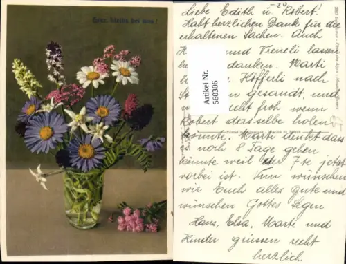 560306,Künstler Ak Vase Edelweiß Margerite Astern Blumen