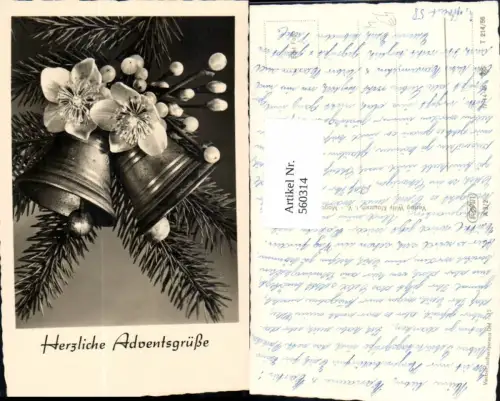 560314,Foto Ak Schneerose Blüte Zweig Tannenreisig Glocken Advent