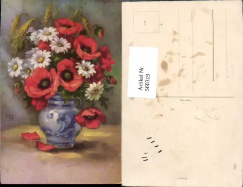 560319,Künstler Ak Vase Mohnblume Margeriten Getreideähren Blumen