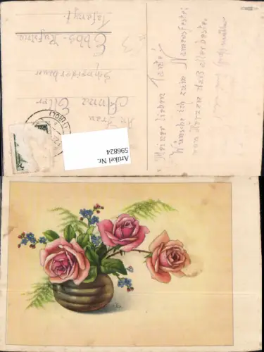 596824,Künstler Ak Vase m. Rosen Vergissmeinnicht Blumen