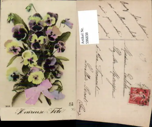 596838,Strauß Stiefmütterchen Schleife Heureuse Fete Blumen