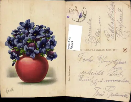 596849,Künstler Ak Gg. A. Vase m. Enzian Blumen