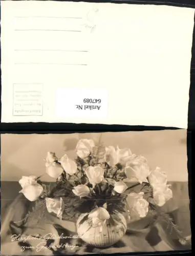 647089,Foto Ak Blumen Vase Weiße Rosen Geburtstag