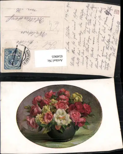 654965,Künstler Ak N. Davil Vase mit Gelben Roten Rosen Blumen Vegetation