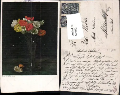 654972,Künstler Ak E. v. Schacky Vase mit Mohn Mohnblumen Blumen Vegetation