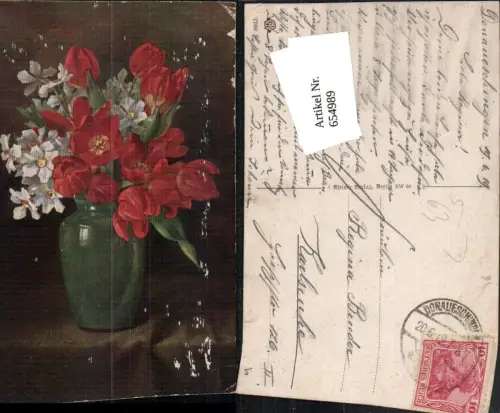 654989,Künstler Ak Vase Tulpen Narzissen Blumen Vegetation Stempel Donaueschingen