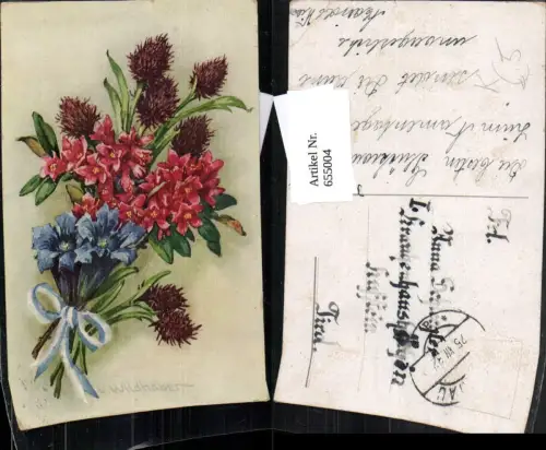 655004,Künstler Ak V. Wildhaber Enzian Alpenrose Blumen Vegetation