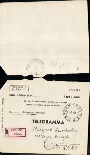 679800 Telegram Einschreiben Reko Reco Brunate Como n Merano Meran Italy