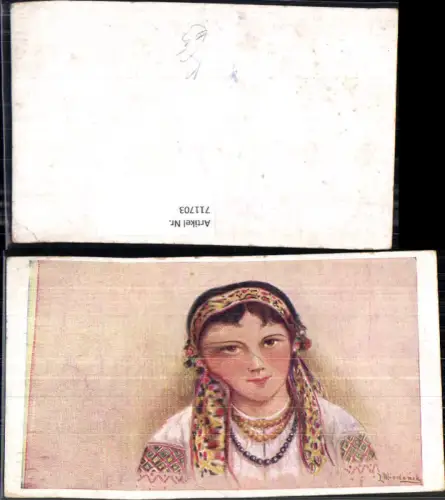 711703 Künstler AK L. Mindanska Frau Portait Tracht Haarband Blumen i. Haar