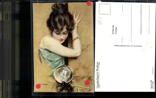 711936 Repro Her Future Frau mit Glaskugel Goldarmreif Wahrsagerin Perlenkette
