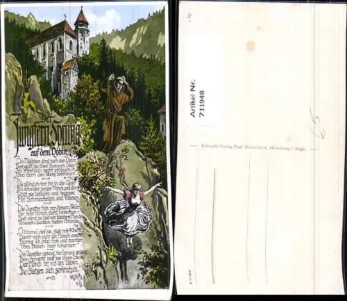 711948 Künstler AK Jungfern-Sprung auf dem Oybin Kloster Mönch Frau Text Märchen Sagen