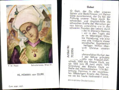 711956 Heiligenbild Heiligenbildchen P. W. Posch Hl. Hemma von Gurk Salvatorianer Wien Religion