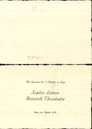 713662 Einladung Hochzeit Vermählung Steyr 1939 Sophie Leitner Heinrich Thanhofer