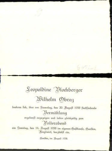 713663 Einladung Hochzeit Polterabend Garsten Steyr 1938 Leopoldine Blochberger Wilhelm Obraz