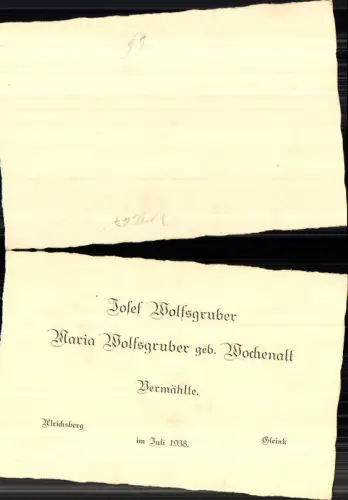 713667 Einladung Hochzeit Vermählung Ulrichsberg 1938 Gleink Steyr Josef Wolfsgruber Maria Wochenalt