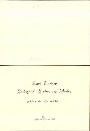 713668 Einladung Hochzeit Vermählung Steyr 1947 Karl Treber Hildegard Wieser