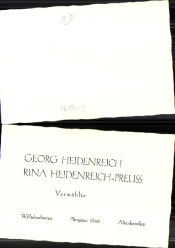 713670 Einladung Hochzeit 1940 Wilhelmshaven Altenkreußen Georg Heidenreich Rina Heidenreich Preuss