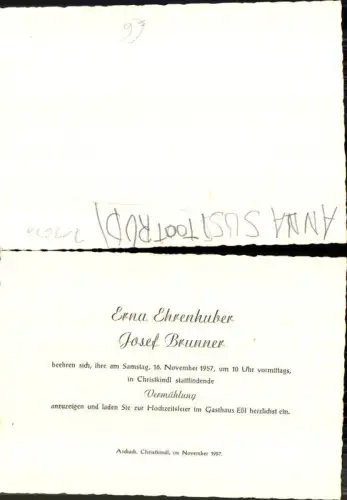 713671 Einladung Hochzeit Vermählung Aschach Christkindl Steyr 1957 Erna Ehrenhuber Josef Brunner