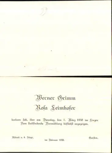 Einladung Hochzeit Vermählung 1938 Aschach an der Steyr Garsten Werner Grimm Rosa Leimhofer