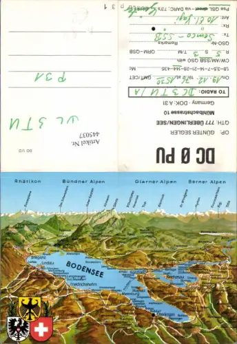 445037,Landkarten AK QSL Bodensee Bregenz Lindau Mainau Gipfelkarte Wappen