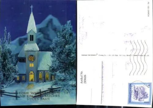 289606,3D Karte Beleuchtete Kirche b. Nacht Winterlandschaft Bergkulisse Weihnachten Neujahr