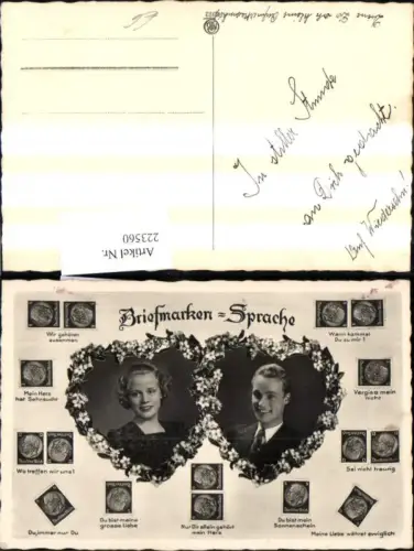 223560,Briefmarkensprache Briefmarken Paar Herzen Blumen Blütenkranz