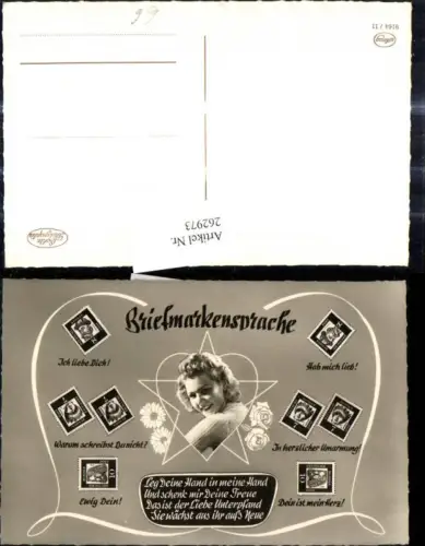 262973,Briefmarkensprache Briefmarken Frau Herz Stern Blumen Spruch Liebe