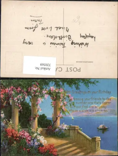 320569,Ölgemälde Imitations Ak Terrasse Segelboot Meer Landschaft Text Geburtstag