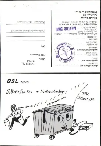 93704,QSL CB Karte Mühldorf a. Inn Silberfuchs u. Müllschlucker Müllcontainer