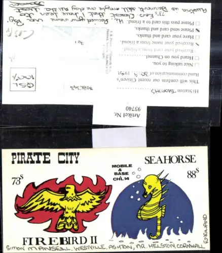 93740,QSL CB Karte Westville Ashton Nr. Helston Cornwall England Pirate City Seahors Firebird II