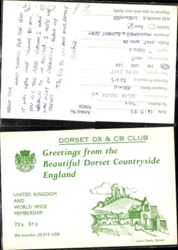 93826,QSL CB Karte Corfe Castle Dorset England