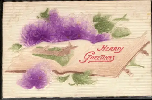 338989,Relief Ak Aufgeschlagenes Buch Windmühle Blumen Hearty Greeting