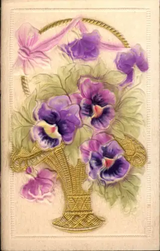 338991,Relief Ak Blumen Korb m. Stiefmütterchen Schleife Goldverzierung