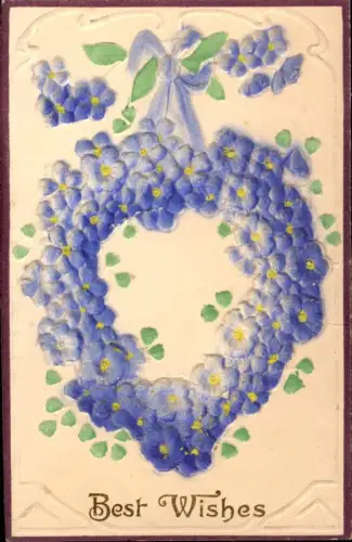 338992,Relief Ak Blumen Herz a. Vergissmeinnicht Blüten Schleife Best Wishes Goldschrift